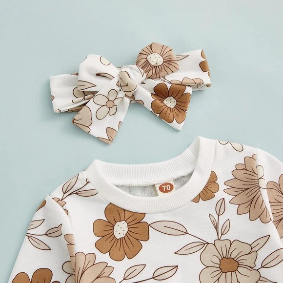 Cozy 3-Piece Fall Winter Baby Girl Clothes: Sweatshirt, Leggings & Bow Headband - Picture 2 of 7